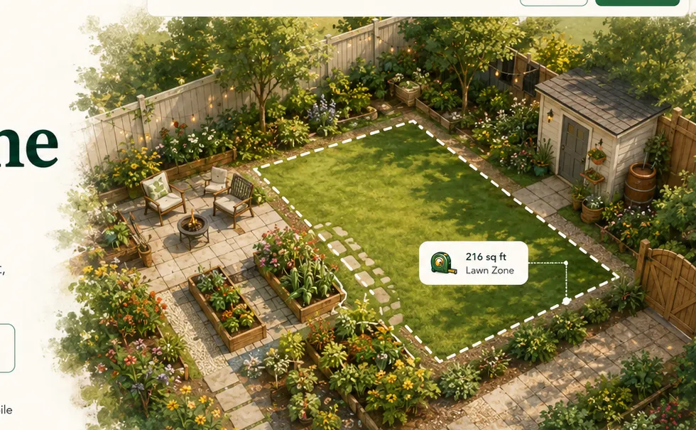 A backyard with a dotted measurement boundary around the lawn zone, labelled 216 square feet