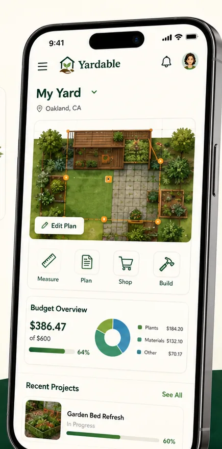 The Yardable mobile app showing a My Yard zone map, Measure / Plan / Shop / Build tools, and a budget overview